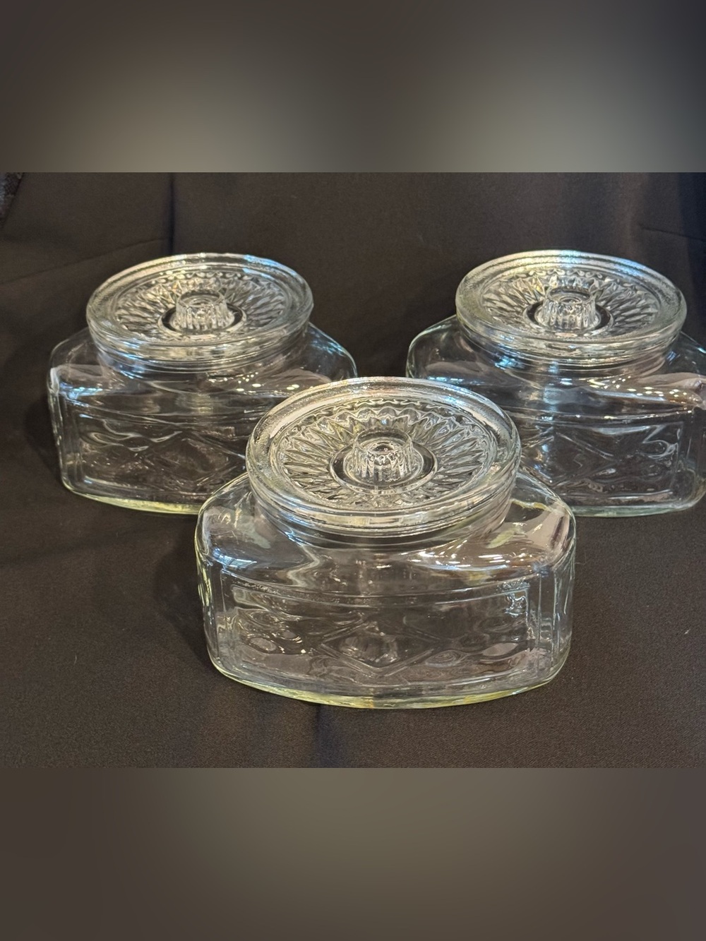 Set of 3 Vintage Clear Pressed Glass Koeze's Jars with Sunburst Lids.